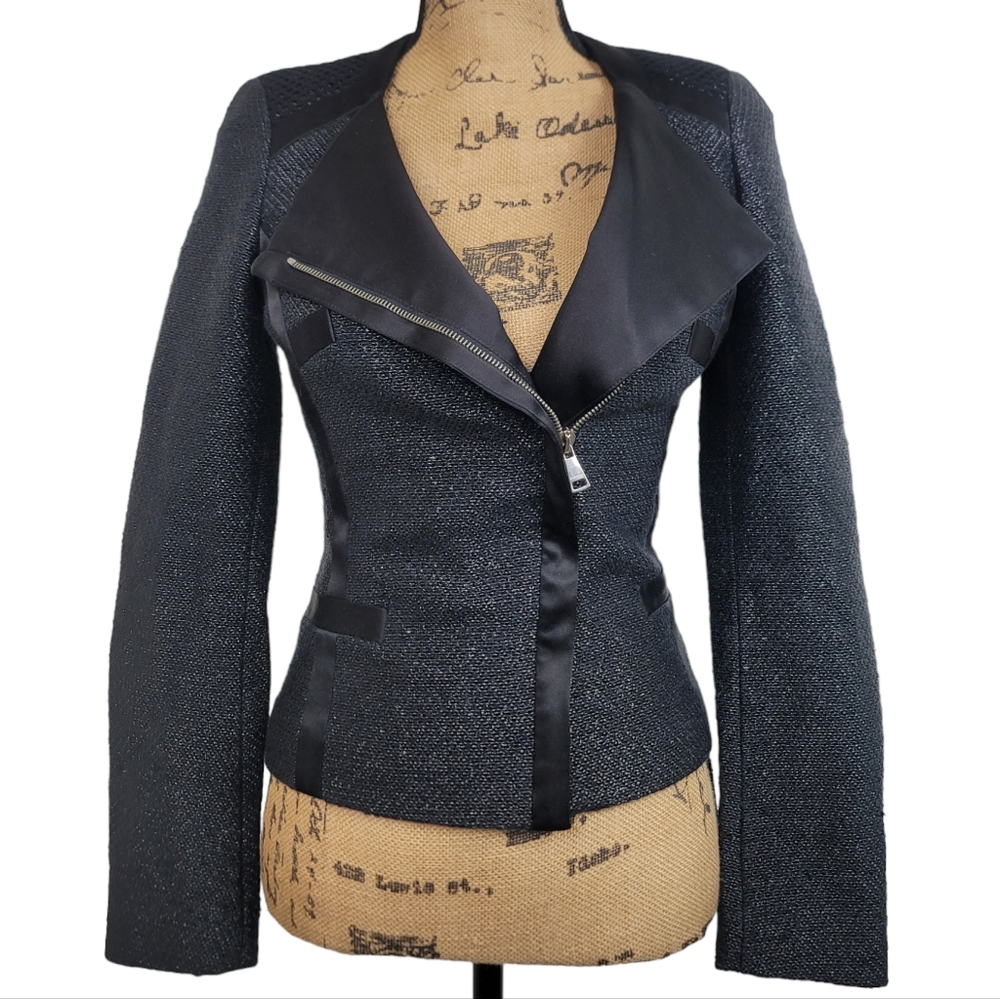 MARCIANO Guess Tweed Moto Jacket Metallic Black Size 2